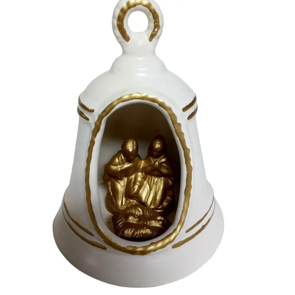 🔔⛪Vintage White Gold Nativity Bell Ornament 👼🏾👼🏼Baby Jesus Christmas Decor